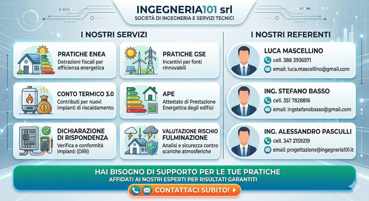 Servizio pratiche ingegneria101 Srl | Nell'immagine vengono indicati i servizi e i referenti da contattare