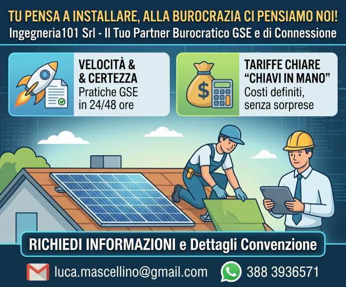 Banner: consulenza in outsourcing per servizi tecnici agli installatori di impianti fotovoltaici | Contatta Luca Mascellino al 3883936571